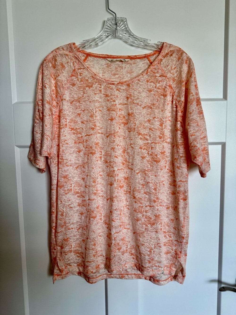 Woolrich Heather Slub Knit Cream Coral Raglan Short Sleeve Tree Print Tee SZ XS